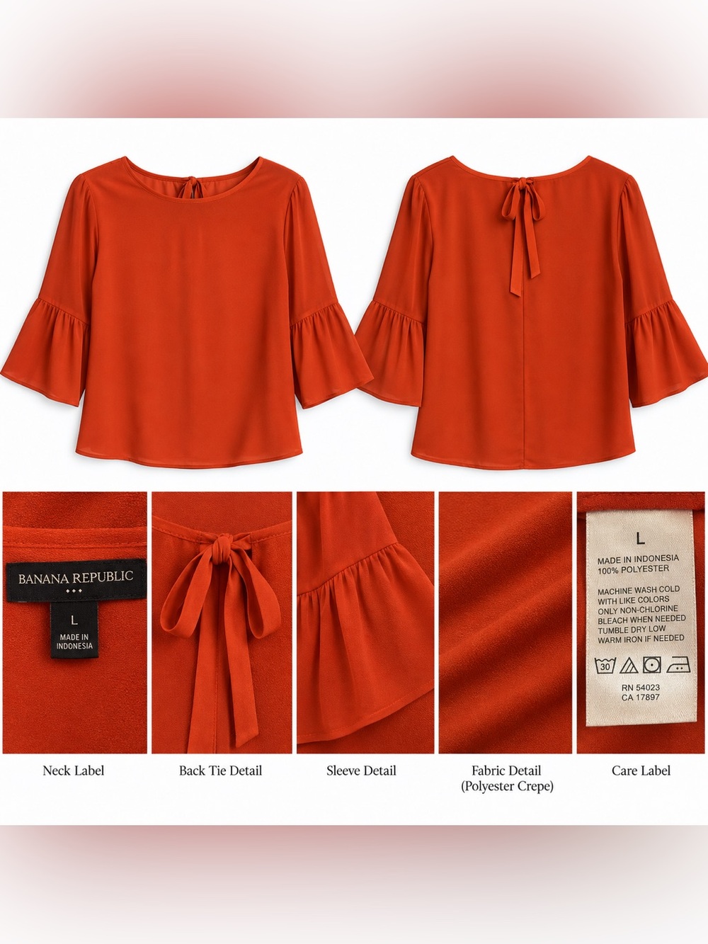Banana Republic Women’s Red Bell Sleeve Blouse Back Tie Crepe Top